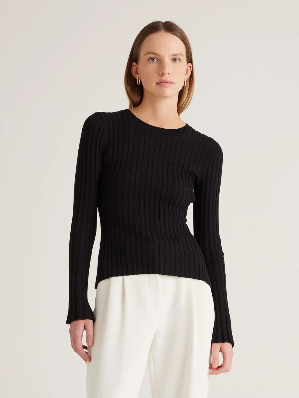 Quince Cotton Cashmere Ribbed Long Sleeve Sweater, Medium, Black